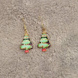Christmas Trees #4 Womens Earrings One Pair Tinsel Hanging Gold Tone E82E